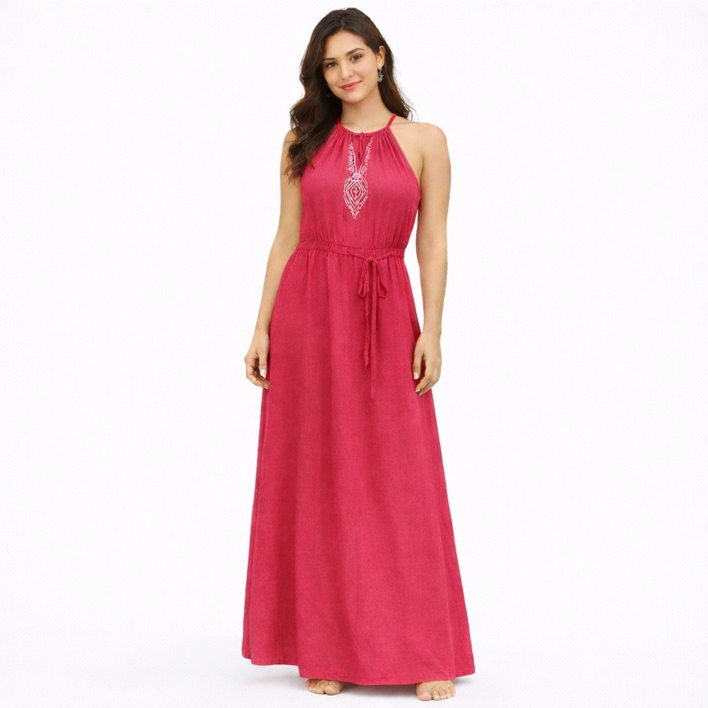 Old Navy Maxi Halter Dress M Sundress Embroidered Boho Beachy Cottagecore FLAW